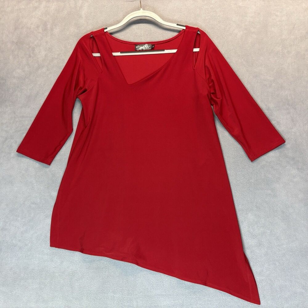 Sympli Size 12 Red Asymmetrical Tunic Top Cut Out‎ Shoulder 3/4 Sleeve Luxury